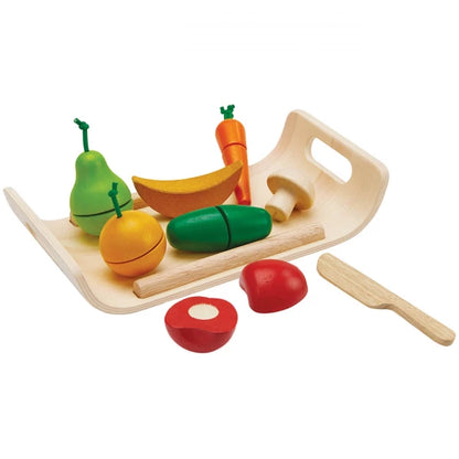 PlanToys- Holz Obst + Gemüse zum Schneiden auf Tablett