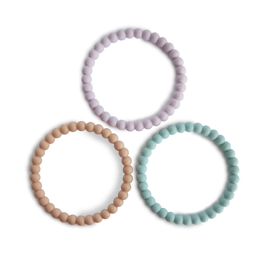 Mushie Beißring & Armband "Pearl Lilac / Cyan / Soft Peach" 3er Set